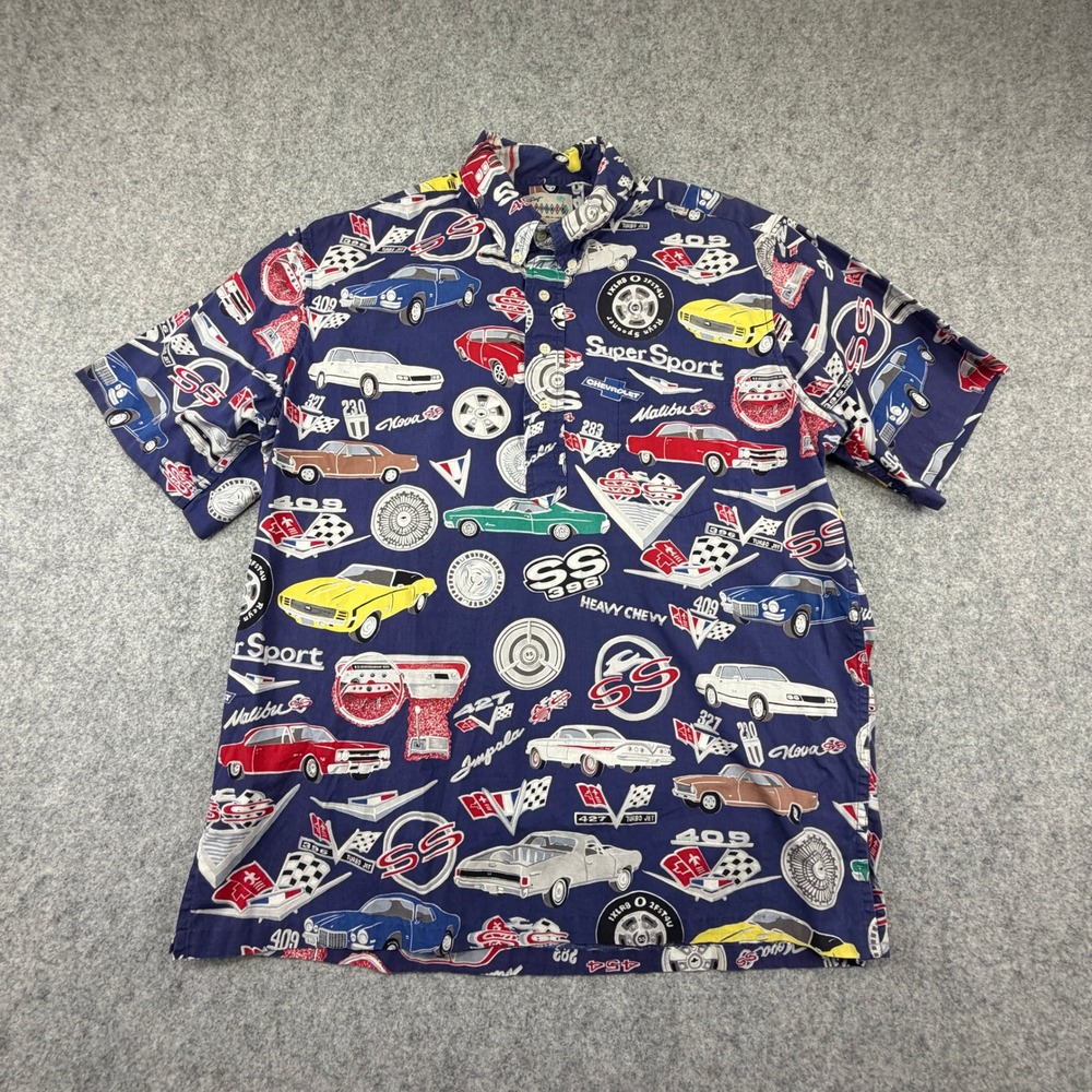 Reyn Spooner Mens Large Chevrolet Super Sport SS Car Print Pullover Shirt Navy